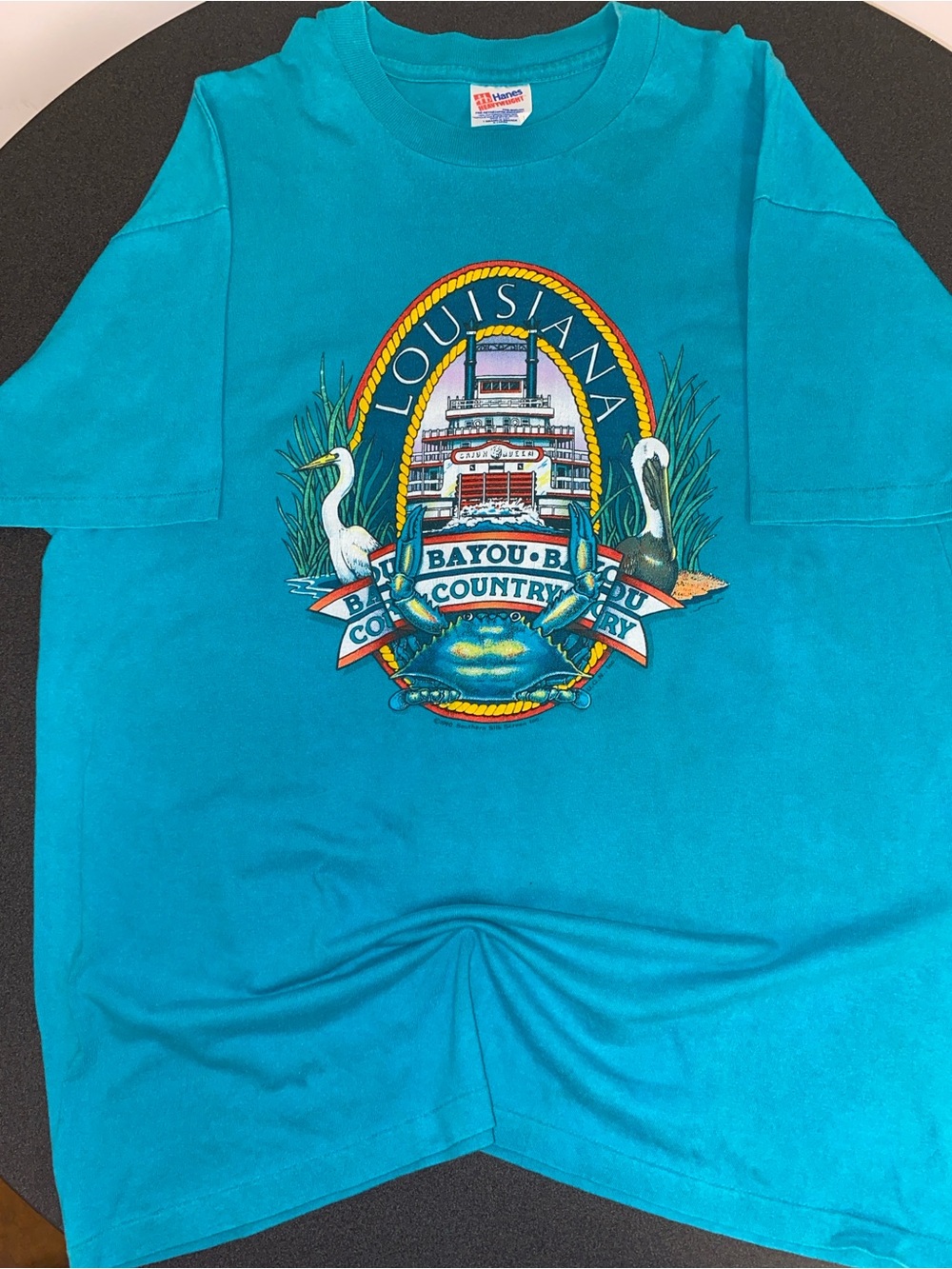 Hanes Heavyweight Vintage 90s Louisiana Bayou Graphic Blue XL Crew Neck Tee